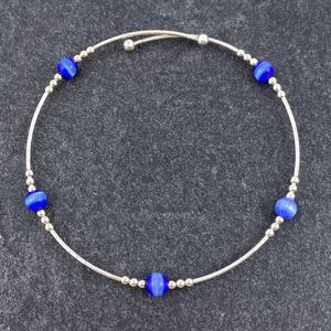 Women's Sterling Silver 925 Memory Wire Blue Simulated Cat's Eye Bracelet 7.5"